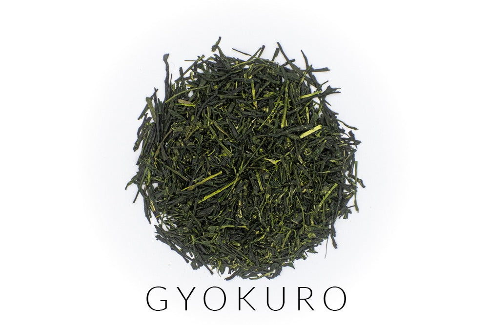 Feuilles de dento hon gyokuro de Yame, Japon, en forme d'aiguille et d'émeraude profonde, disposées en cercle. Sous les feuilles, le mot GYOKURO est écrit.