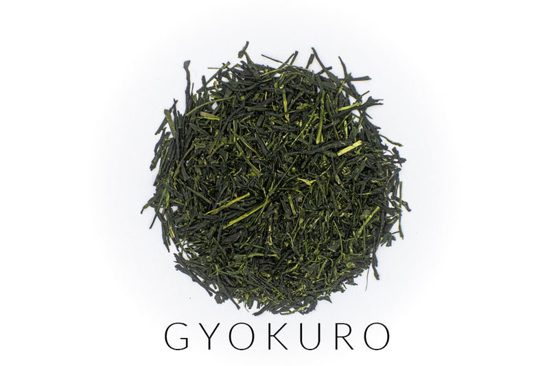 Needle-shaped and deep emerald dento hon gyokuro leaves from Yame, Japan, in a circle shape. Under the leaves, the word GYOKURO is written.